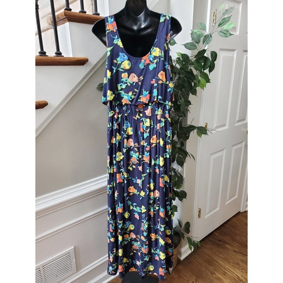 Merona Women's Blue Floral Rayon Scoop Neck Sleeveless Long Maxi Dress Size XL - Picture 6 of 13